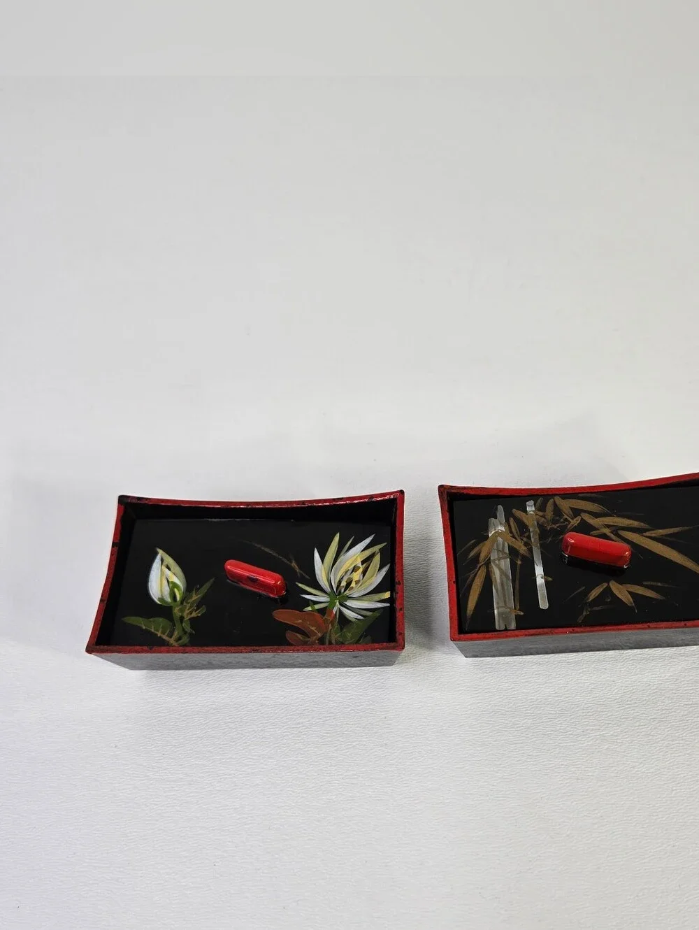 Vtg Japanese Lacquerware Box Set Urushi Maki-e Floral Bamboo Black Red Hand Pain